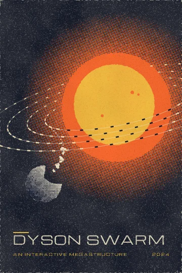 Poster for The Swarm: a screenprint of solar collectors orbiting an orange sun while Mercury is taken apart.