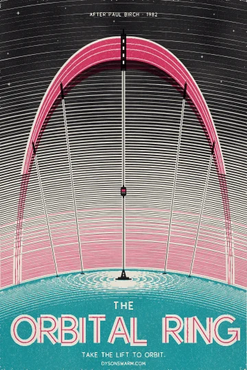 Poster for The Orbital Ring: an op-art screenprint of an elevator car climbing a thread of cable from the equator to a ring arching across the sky.
