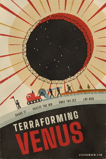 Poster for Terraforming Venus: a constructivist lithograph in red, black and gold of a trussed sunshade eclipsing the sun over the frozen curve of Venus.