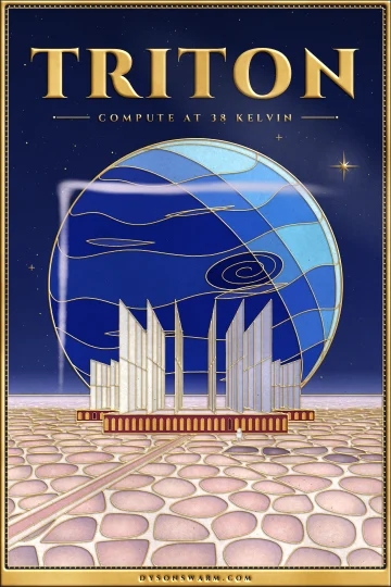 Poster for Triton, compute at 38 kelvin: a cloisonné enamel travel poster of computer halls on Triton’s pink ice under a huge crescent Neptune.