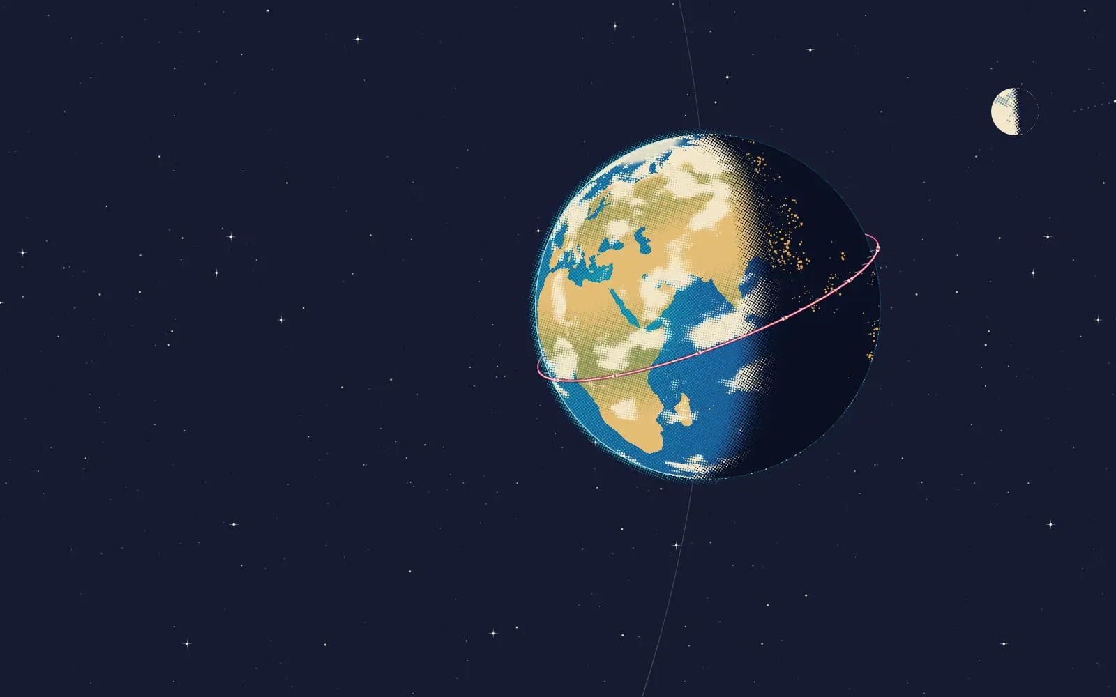 The Earth over the Indian Ocean, half in night with its cities lit, circled by a thin bright ring 300 kilometres up, with the Moon beyond.