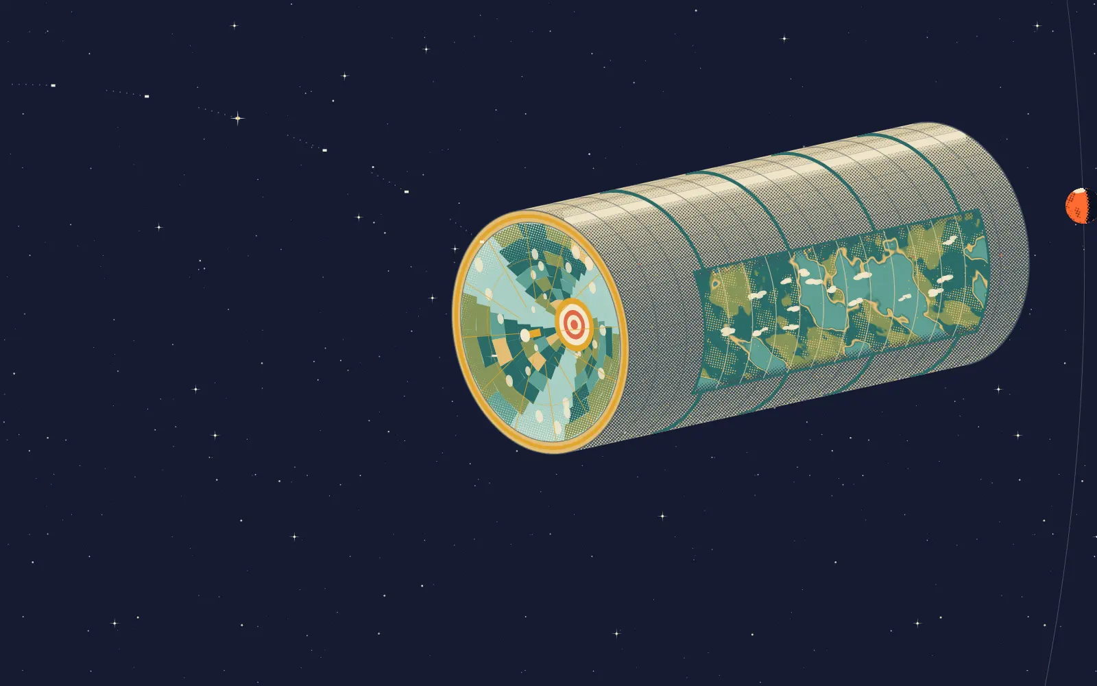 An O’Neill cylinder in space, cut away along its side to show lakes, fields and clouds on the land inside, its glazed end facing the Sun.