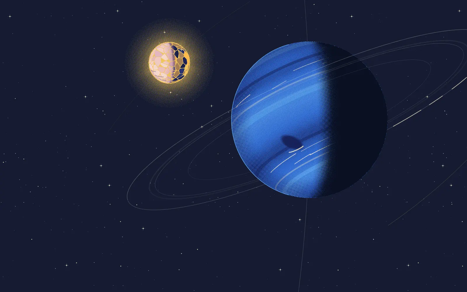Neptune, banded in blues with its faint rings, and its moon Triton in front, drawn as cloisonné enamel in gold wire, its night side full of lit halls and the whole moon glowing.