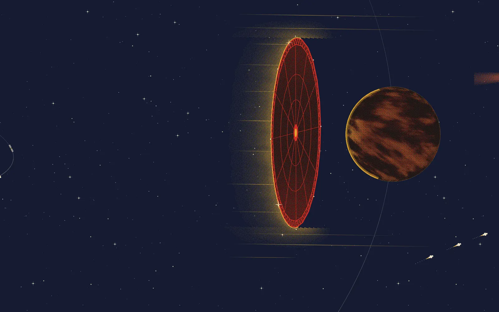 Venus in shadow behind a sunshade twice its width, a dark disc held in a red truss, with sunlight piling up against it and streaming past its rim.